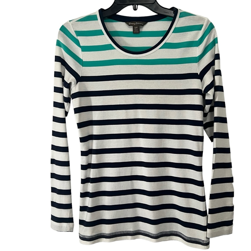Tommy Bahama Women 3/4 Sleeve Stripe Color Block Tee.